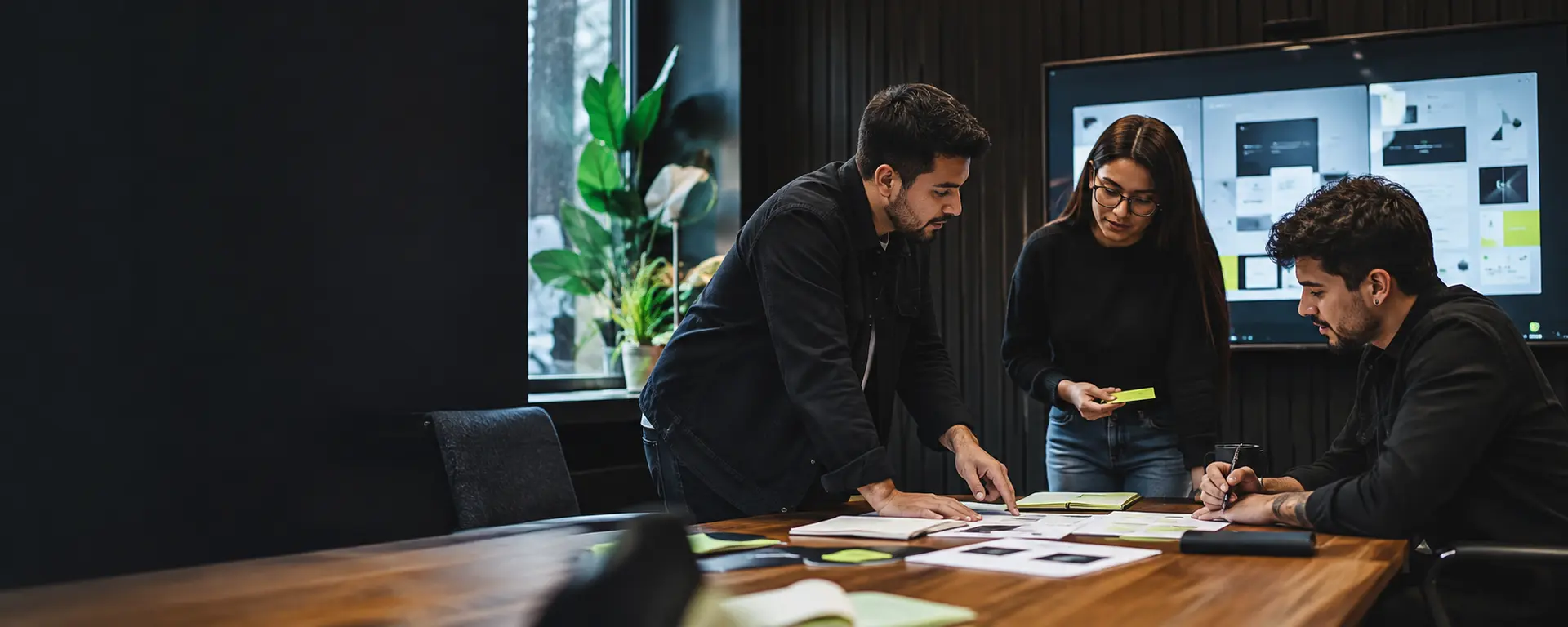 Equipo creativo planificando la composición y el lenguaje visual de una marca